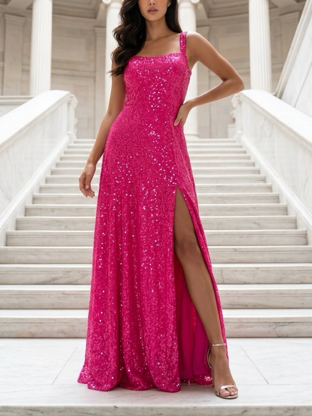 Sparkling Fuchsia Sequin Prom Gown - Elegant Evening Dress